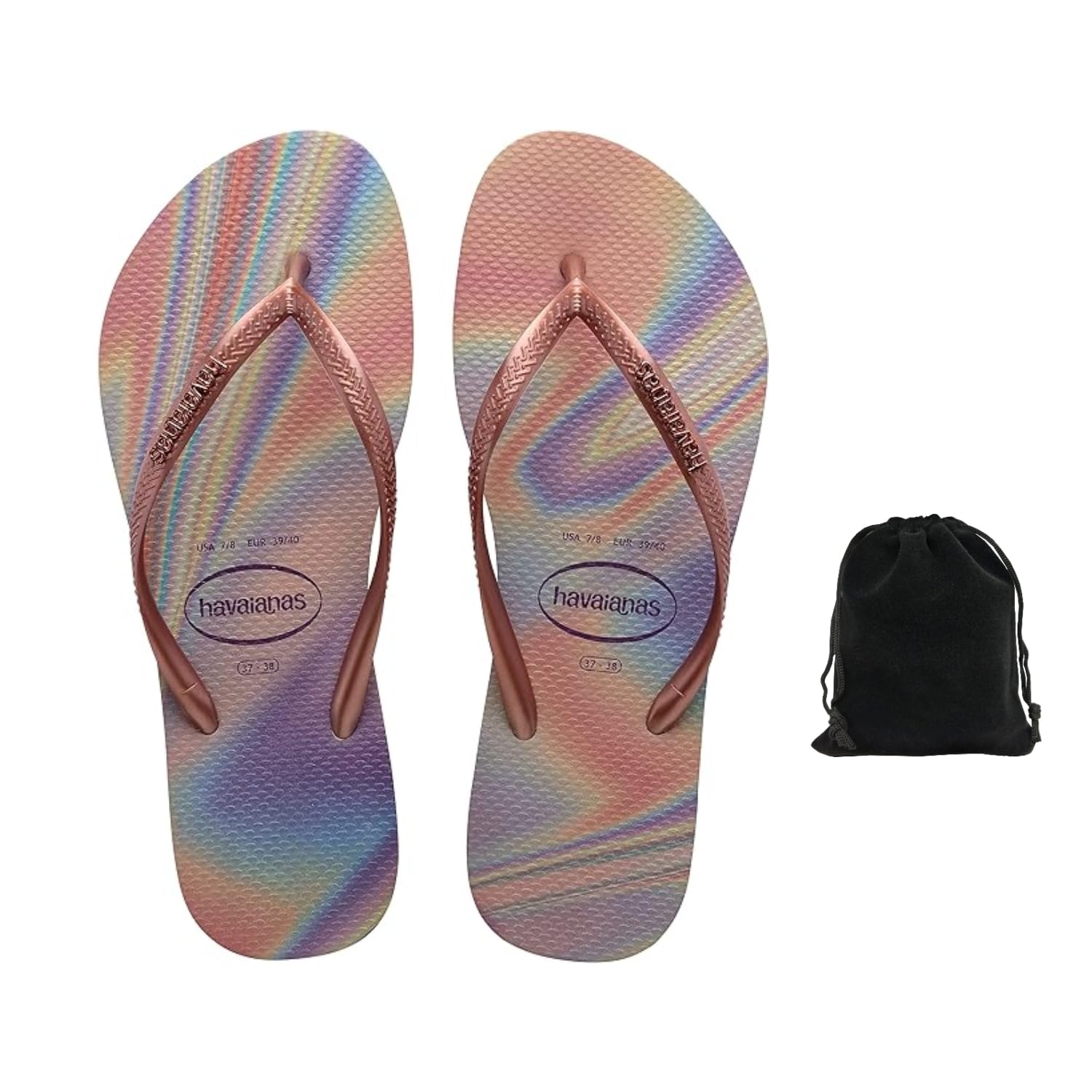 Havaianas Women's Slim Iridescent Flip Flops - Stylish, Comfortable, and Durable Sandals with Metallic Finish, Perfect for Beach, Casual, and Everyday Wear, Includes Velvet Pouch, 7-8, Quiet Lilac