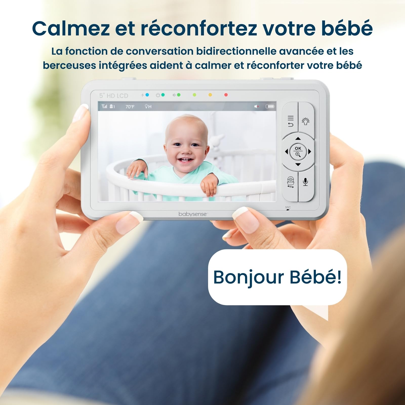 Babysense Moniteur HD Vidéo pour Bébé - Babyphone avec Écran Divisé 5“ et 2 Caméras 720p, Conversation Audio Bidirectionnel, Longue Portée, Veilleuse Réglable, Vision Nocturne, Berceuses