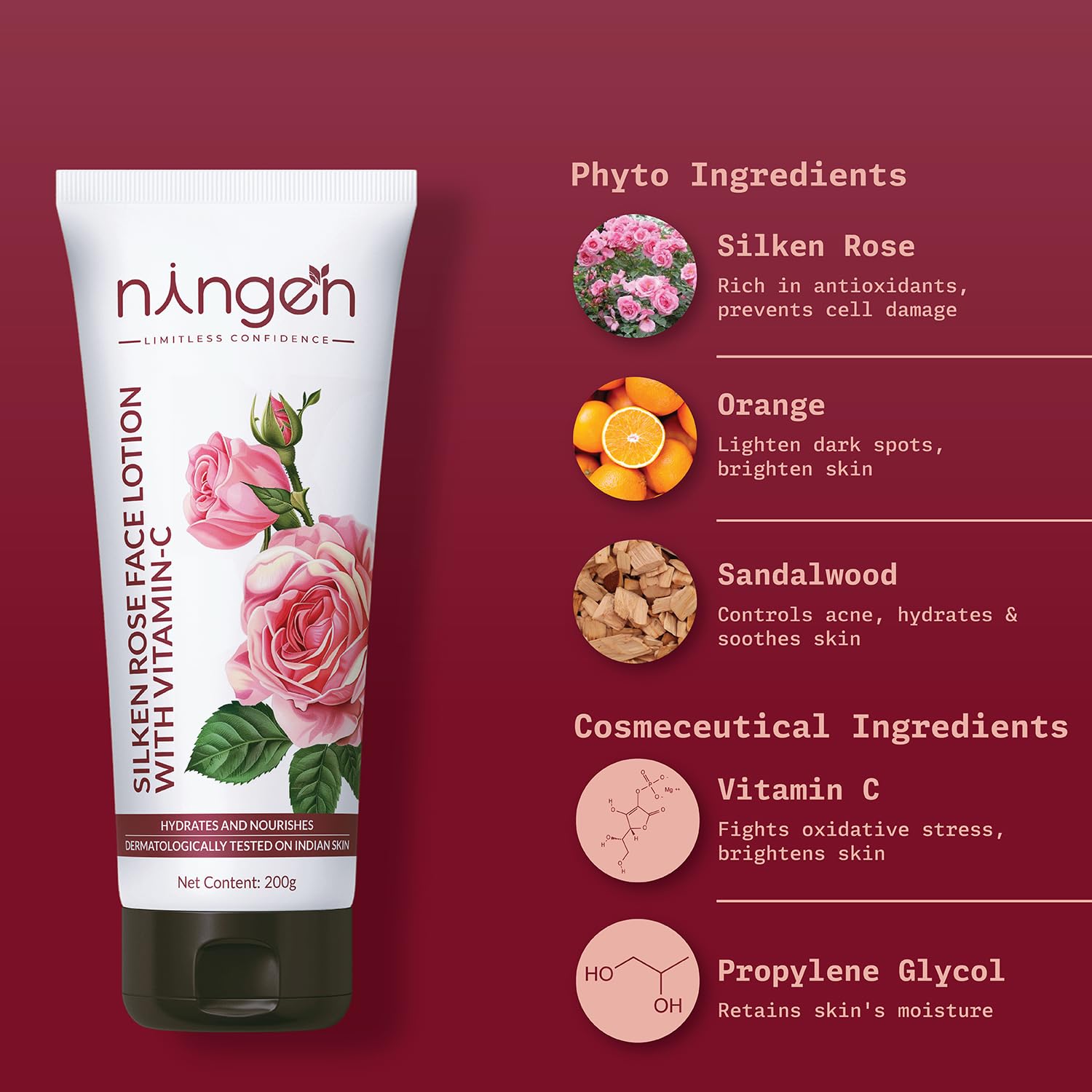 Ningen Silken Rose Face & Body Lotion I Premium Japanese Ingredients Infused with Orange Peel, Sandalwood, Almond Oil I Dermatologically Tested, Paraben Free I Makes Skin Brighter, Fuller and Softer I 200g - Image 2 thumbnail