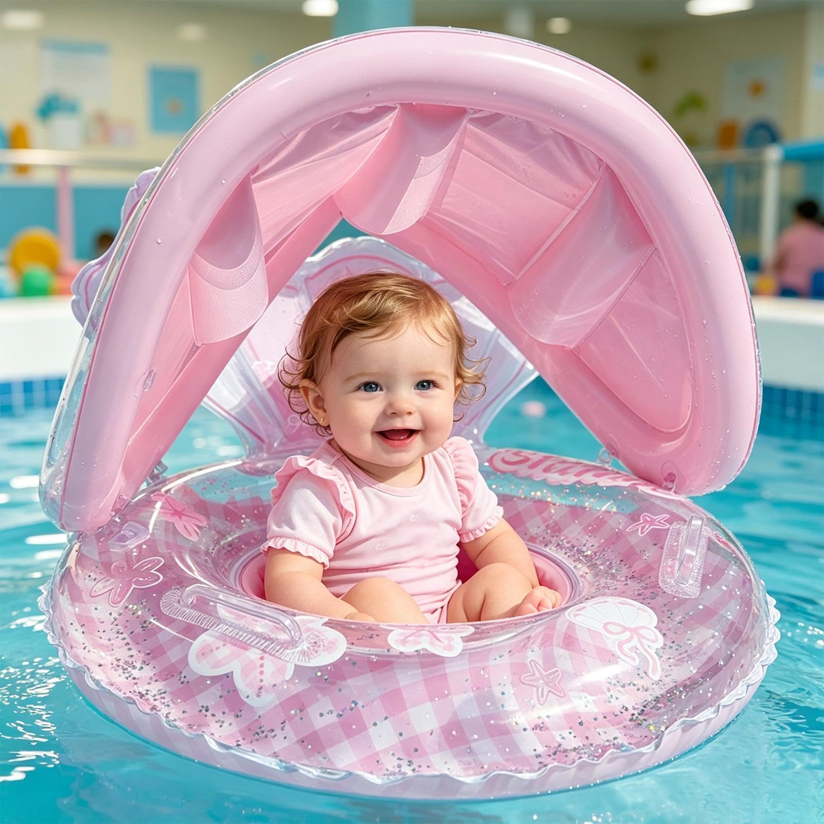 Salvagente Neonato Con Parasole, Cute Ciambella Neonato Mare, Seggiolino Gonfiabile Mare Per Bambina 6-12 Mese