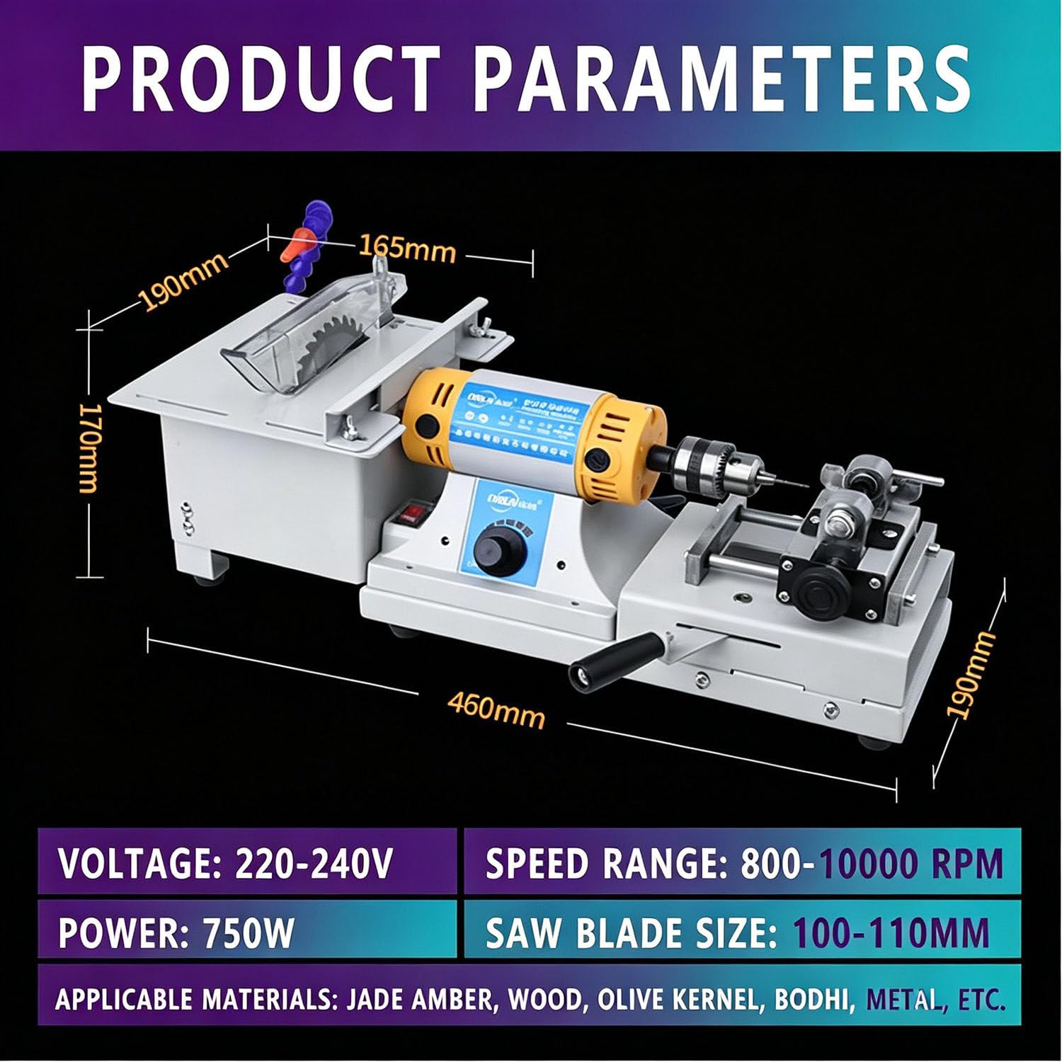 Stołowe Urządzenie Do Cięcia Polerowania Kamieni 750w GrinderWoodKit | Konstrukcja Metal Tworzywo,Zmienne Obroty 800–10000 Obr/Min,Obrabia Kamienie Metale,Kompaktowe Dla Warsztatów Hobbystycznych