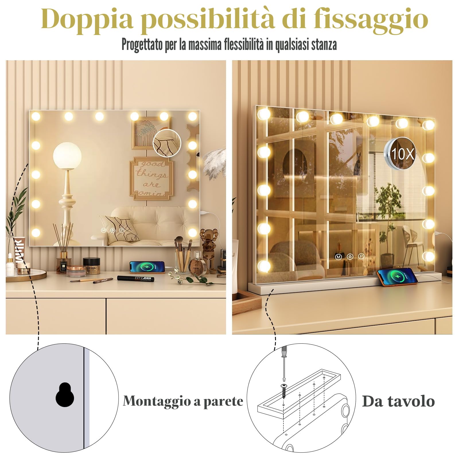 Specchio Trucco con Luce - 14 LED Dimmerabili 3 Modi, 50x40cm Touch Sensor Specchio da Make-Up Hollywood con 10x Ingrandimento, Multiuso Tavolo/Parete