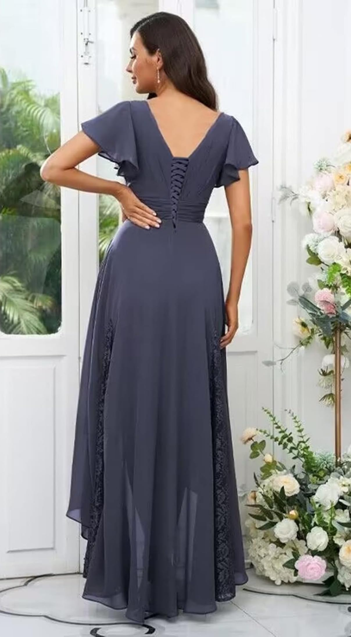 Tee Länge Brautmutterkleid V-Ausschnitt Spitze Abendkleid Chiffon A-Linie Festliche Kleider für Hochzeitsgast