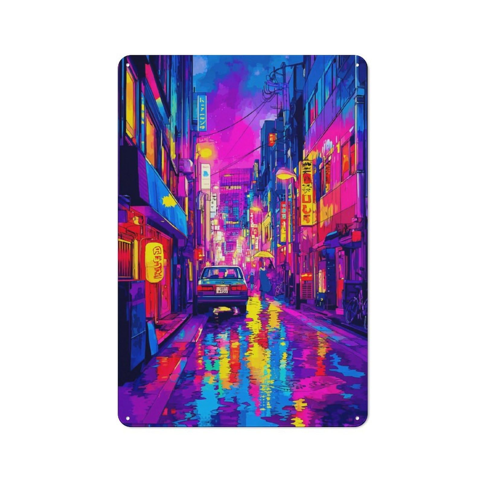 Junmoney Neon Cityscape Vibrant Street Scene Rustic Tin Wall Plaque 30X20cm For Bar Or Restaurant, For Vintage Wall Decor Fans, For Garage And Workshop Walls