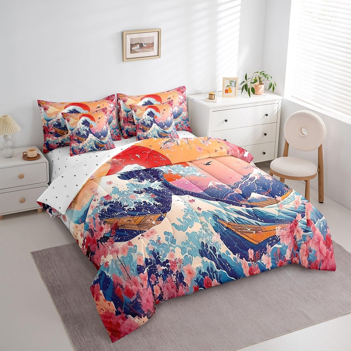 Erosebridal Twin Japanese Style Comforter Set 7 Pieces, Crane Bird Reversible Bed in A Bag, Cherry Blossoms Bedding Set Sakura Flowers Comforter, Mount Fuji Flat Sheet, Fitted Sheet, Pillowcases