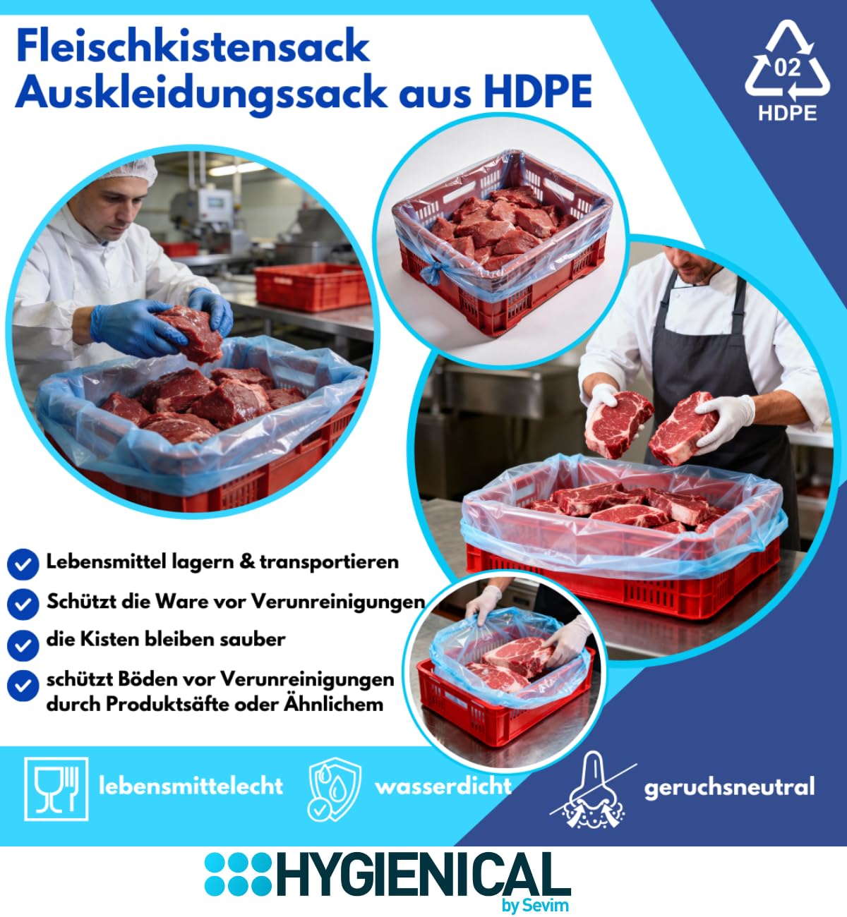 500 Einlegesäcke Fleischkistensack HDPE 10 µm – lebensmittelecht, reißfest & flüssigkeitsdicht – Auskleidungssack für E2‑Kisten/Eurobox – Gastronomie & Metzgereibedarf
