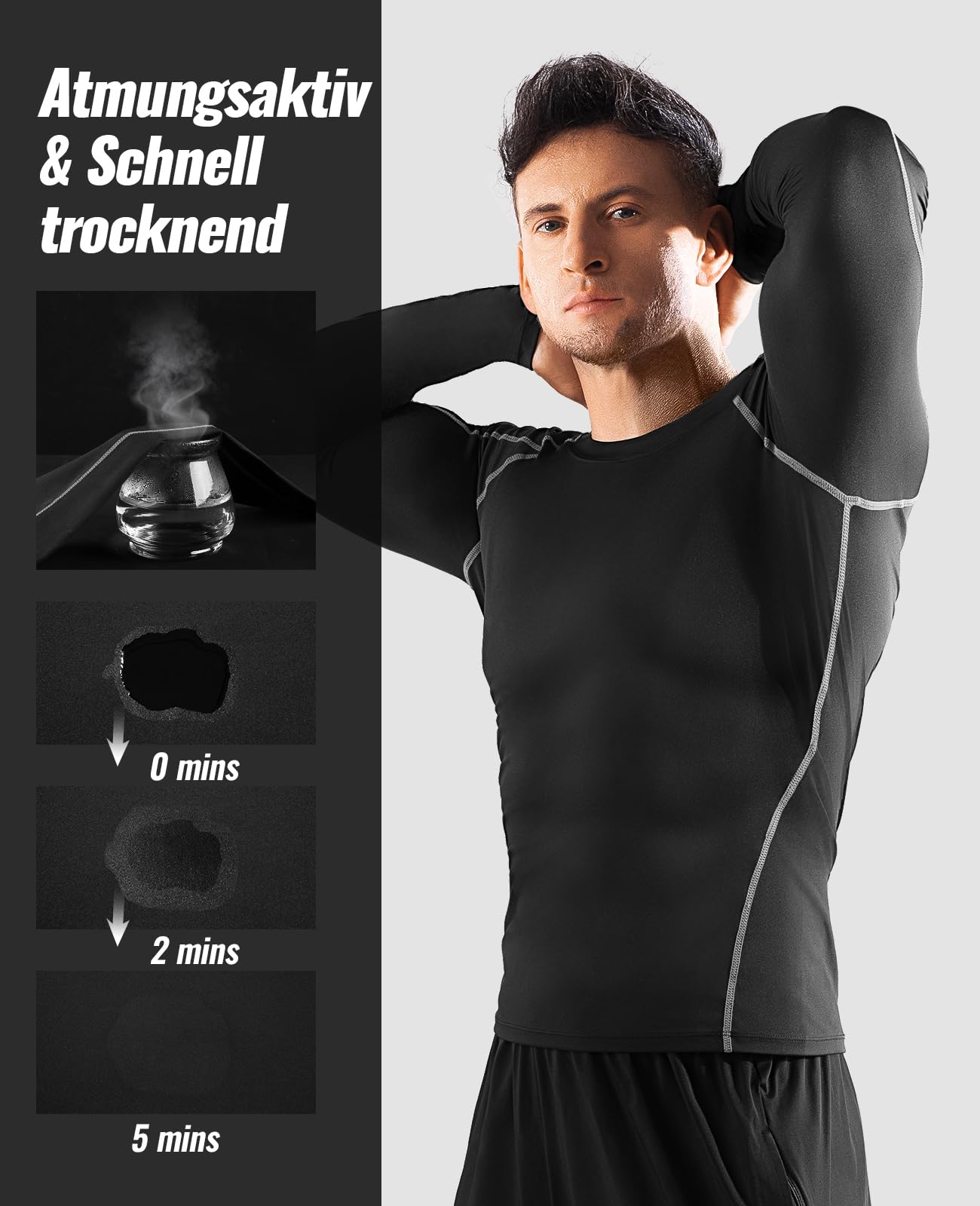 Niksa 2er Pack Herren Kompressionsshirt Funktionsshirt Langarm Sportshirt Fitnessshirt Männer Atmungsaktiv Laufshirt für Running Jogging Gym