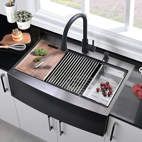 Miniatura 2 de Hovheir - Fregadero de granja de 36 pulgadas, color negro, estación de trabajo de 36 x 22 pulgadas, fregadero de estación de trabajo frontal,