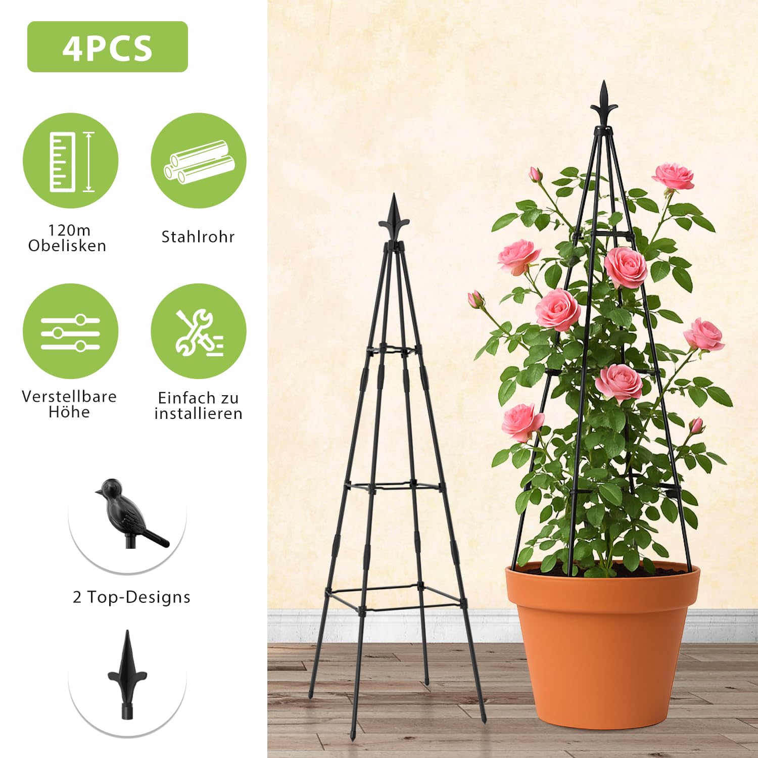 Garten Obelisk Pflanze Rankhilfe Gartenobelisken-Set Kletterhilfe für Kletterpflanzen, Metall Garten Rankgitter für öffentliche Plätze und Private Höfe,120cm 4Pcs
