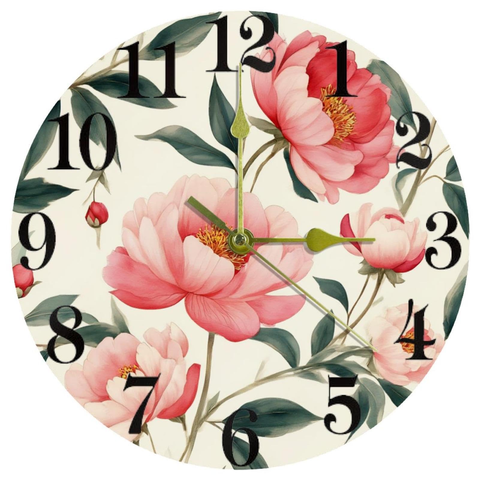 Horloge murale pivoine ronde décorative pour salon cuisine et bureau à piles