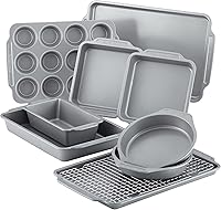 Farberware 10-Piece Nonstick Steel Bakeware Set with Cooling Rack - Cookie Sheets, Cake Pans, Muffin Pan, Loaf Pan, Gray