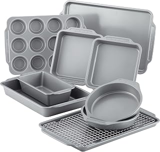 Farberware Nonstick 10-Piece Bakeware Set with Cooling Rack - Steel Cookie Sheets, Cake Pans, Muffin Pan, Loaf Pan, Gray