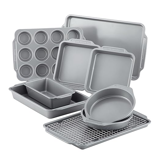 Farberware Nonstick Steel Bakeware Set with Cooling Rack, Baking Pan and Cookie Sheet Set with Nonstick Bread Pan and Cooling Grid, 10-Piece Set, Gray