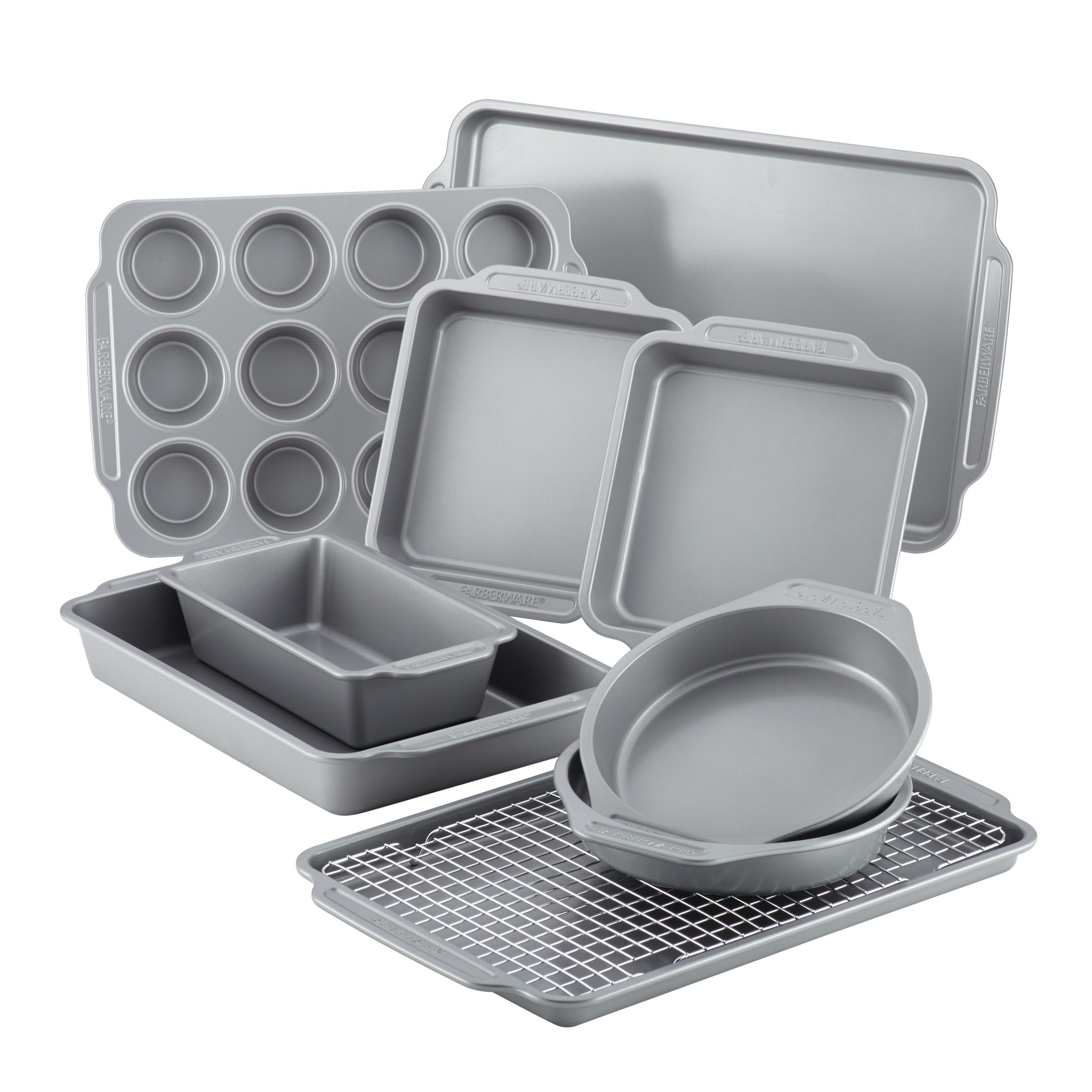 Farberware Nonstick Steel Bakeware Set with Cooling Rack, Baking Pan and Cookie Sheet Set with Nonstick Bread Pan and Cooling Grid, 10-Piece Set, Gray
