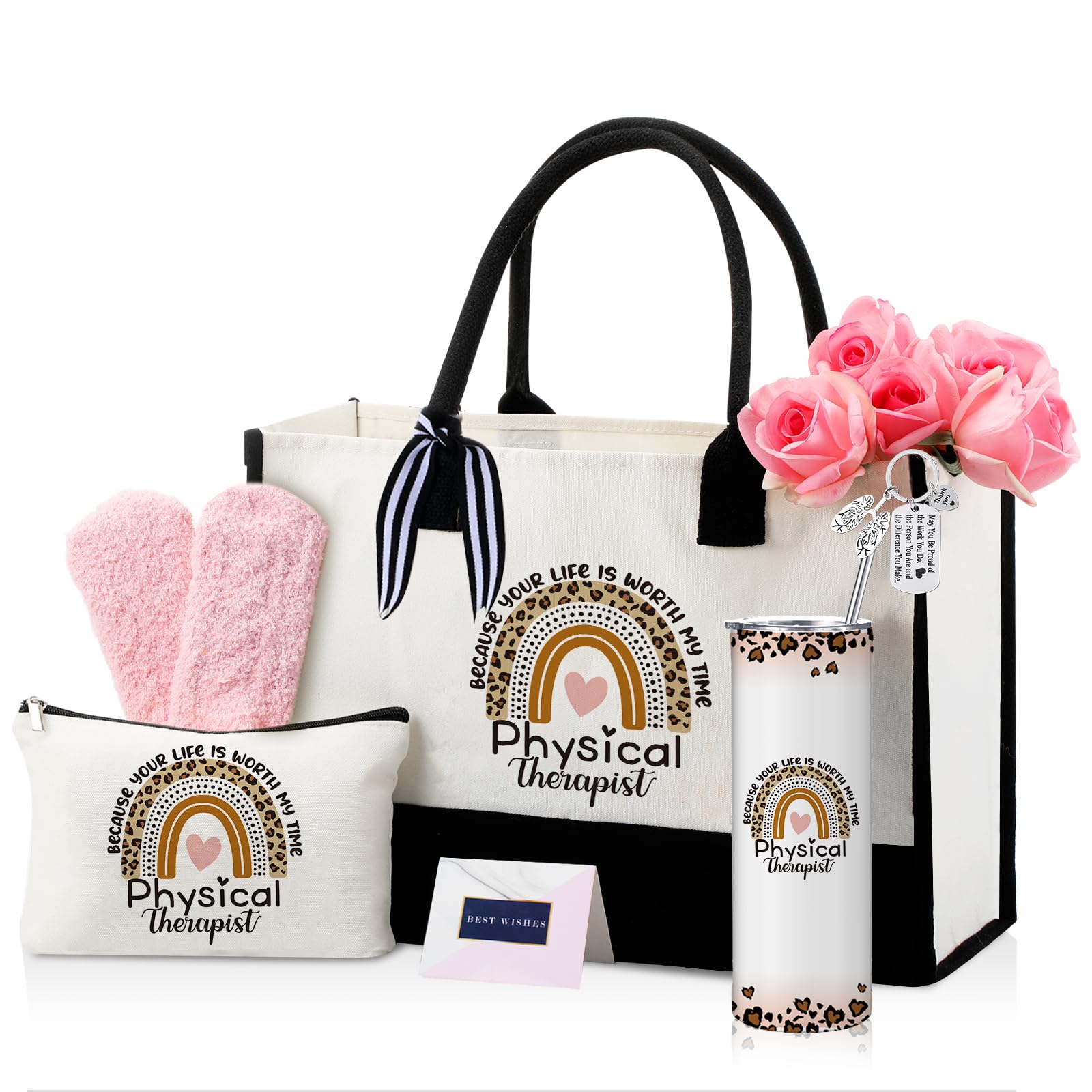 Geiserailie 8 Pcs Physical Therapist Appreciation Gifts for Women Including Large Tote Bag Cosmetic Bags Tumbler Cup Plush Socks Metal Keychain Card and Envelope for PT Doctor Student Gifts