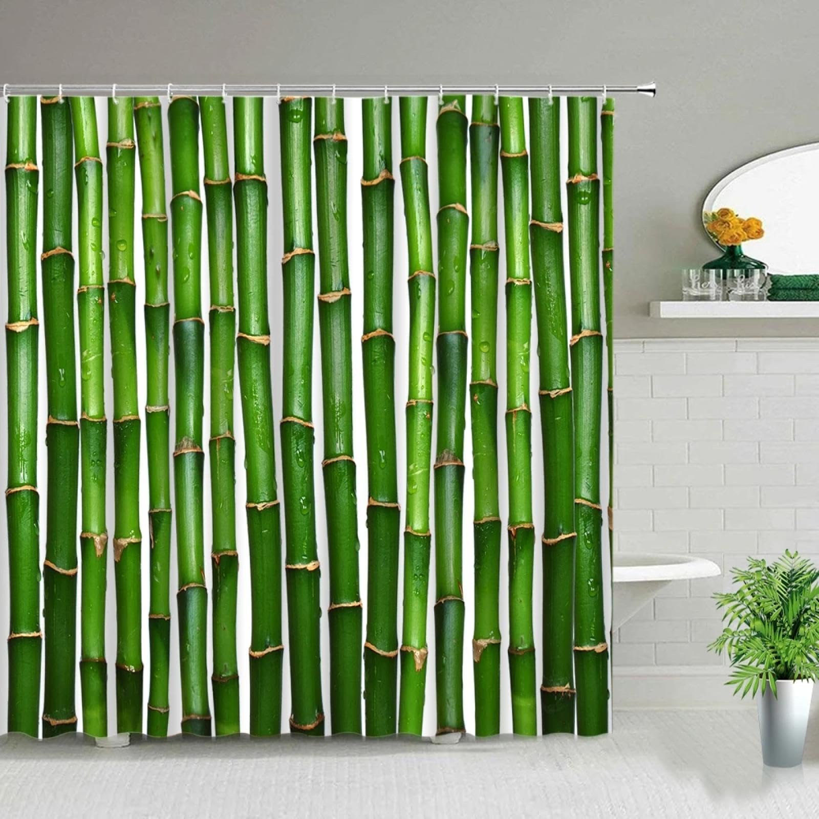 Cortina de ducha moderna de bambú natural verde impermeable para el hogar, baño, decoración, cortinas con ganchos, accesorios de baño populares, 200 x 180 cm