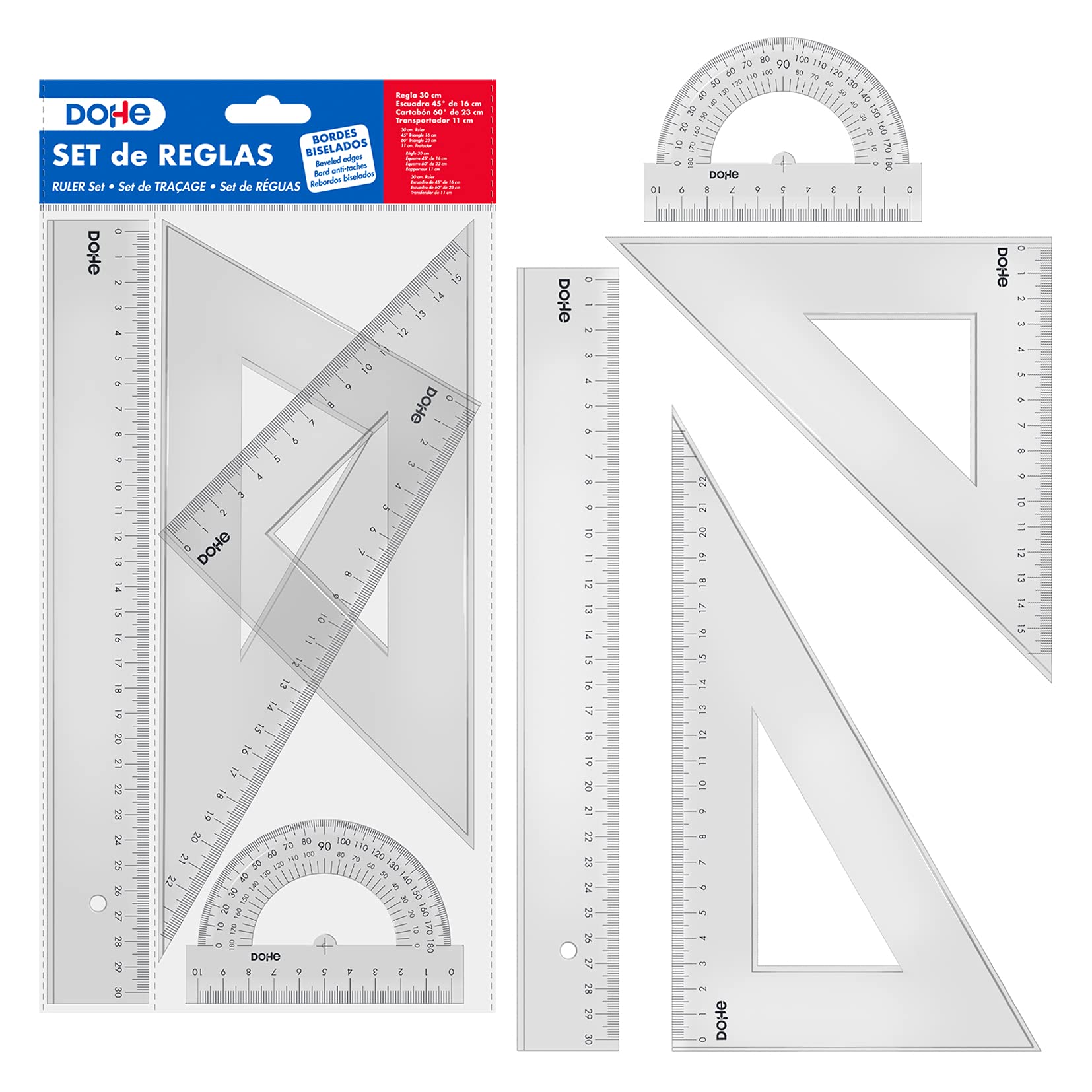 Dohe - Pack Reglas Escolares: Regla 30 cm, Escuadra, Cartabón y Transportador de Ángulos - Material escolar