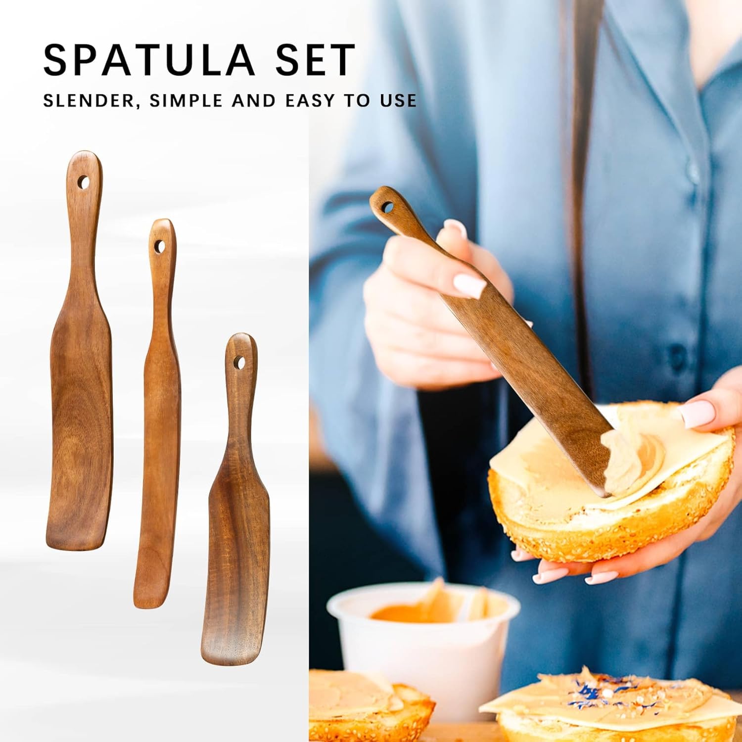 Wooden Spatulas for Cooking Set of 5, Teak Spatula Set with Ergonomic Handles, Nonstick Safe Wooden Spoons for Cooking, Wood Utensil Set for Kitchen, Smooth Handcrafted Wood Spurtle - Image 4