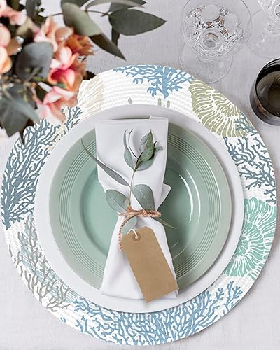 Miniatura 3 de Manteles individuales redondos náuticos costeros coral de 15 pulgadas para mesas de comedor, manteles individuales con temática de playa azul y