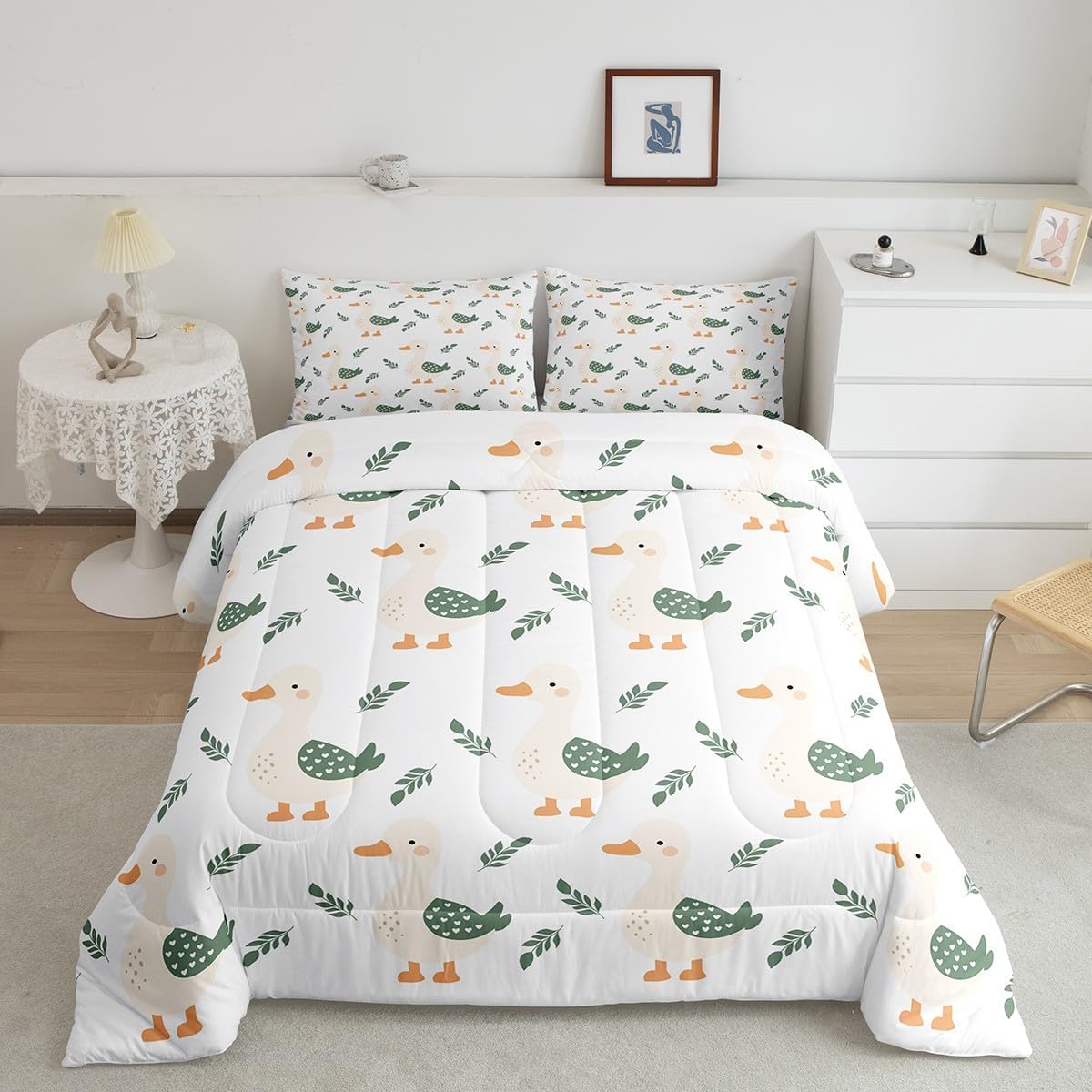 Manfei Cute Duck Comforter Toddler,Kids Farm Duck Animals Bedding Set for Teens Youth Children Men Bedroom Decor,Green Rustic Leaves Reversible Quilt Sets,Cartoon Kawaii Pet Quilt Set,2Pcs