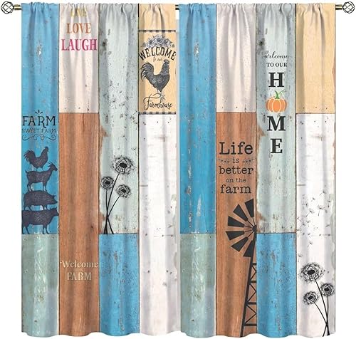 Cortinas rústicas de granja, con textura de madera colorida vintage, cortinas con estampado de animales de granja para dormitorio, sala de estar,