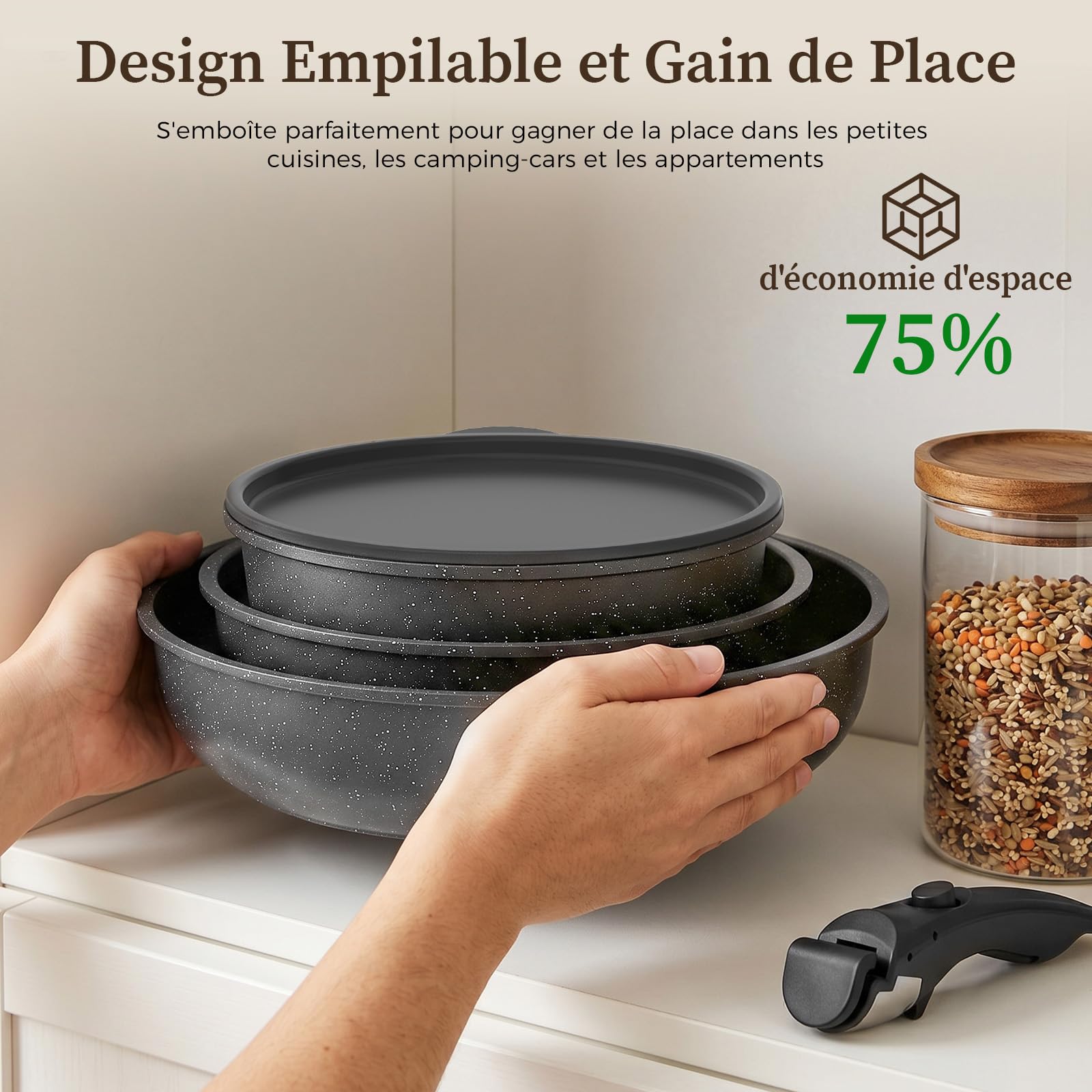 YASHE Batterie de cuisine 9 pièces, non toxique, sans PTFE ni PFAS | Set de Casseroles et Poêles Antiadhésive Granite, Induction, Faitout avec Couvercle, Gain de Place, Passe au Four