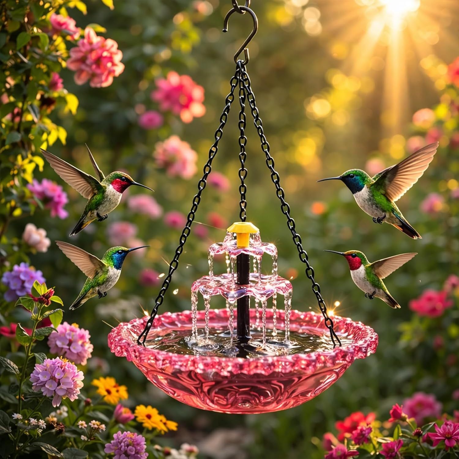 2026 Solar Cascade Hanging Bird Bath Fountain - 3 Layers Outdoor Water Feature, with Solar Pump, Hanging Hummingbird Bird Bath Fountain, Kit Garden Gift Yard Patio Backyard Decoration (DL-Pink)