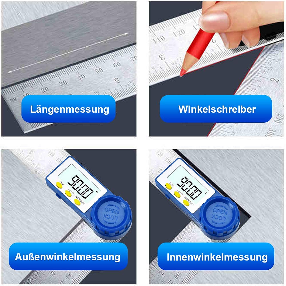 Rapporteur Digital Newaner - Règle 200mm + Mesure Angle 0-360° - Acier Inox - Écran LCD - Pour Bricolage