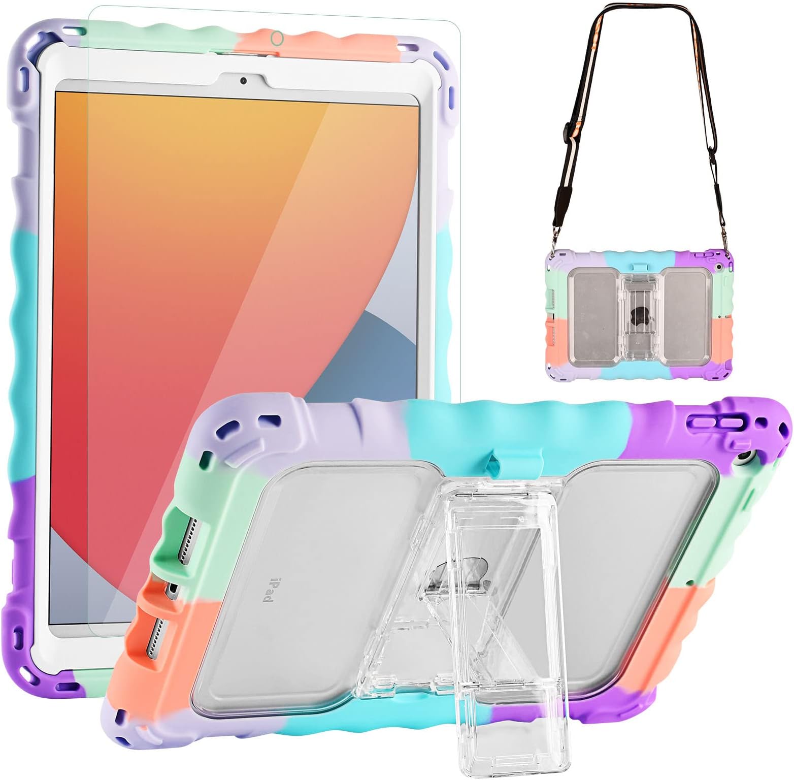 TopEsctiPad 9th/8th/7th Generation Case, iPad 10.2 Case for Kids with Portable Shoulder Strap, PET Screen Protector & Shockproof Silicone, Purple and Turquoise