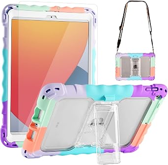 TopEsct iPad 9th/8th/7th Generation Case, iPad 10.2 Case for Kids with Portable Shoulder Strap, PET Screen Protector & Shockproof Silicone, Purple and Turquoise