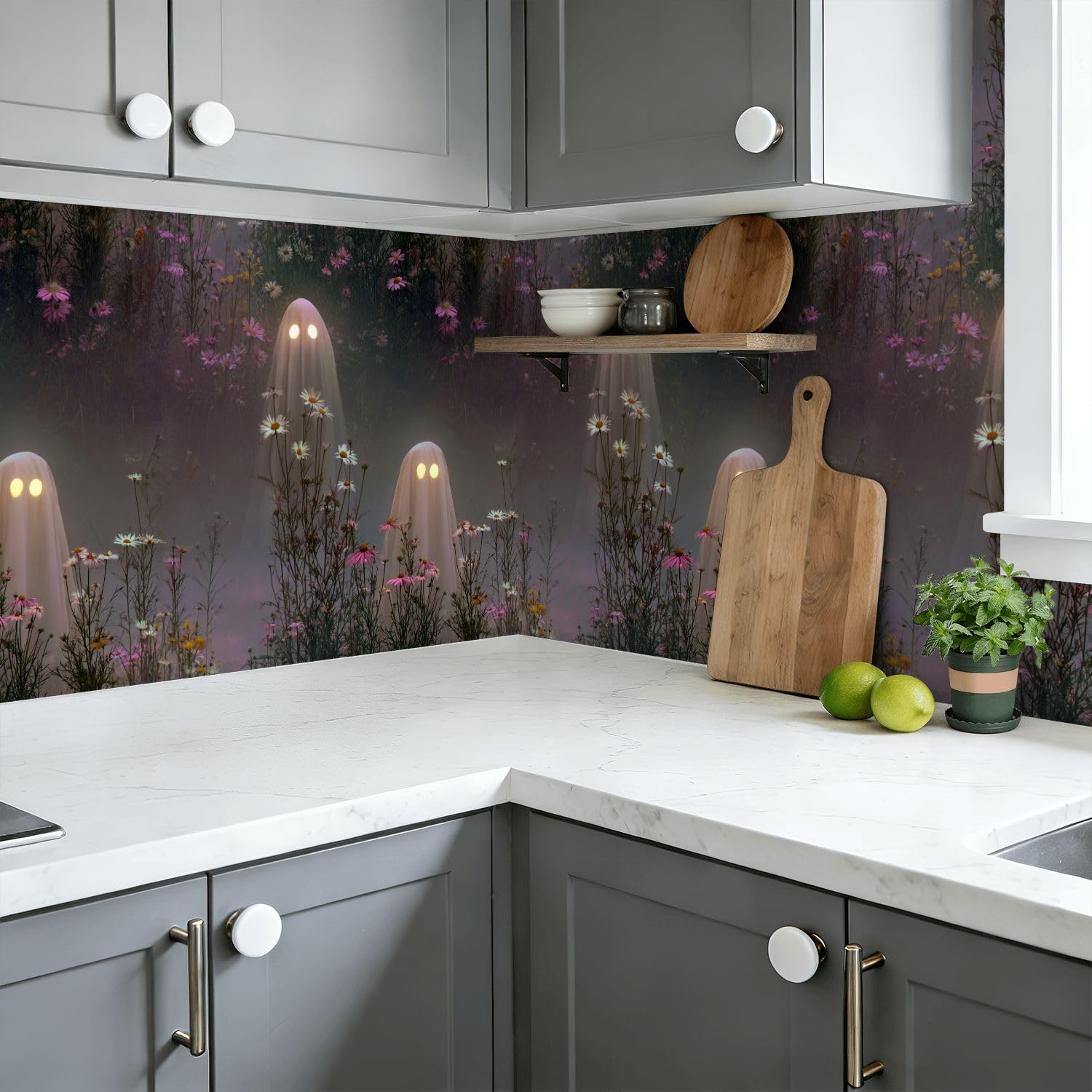 Rivestimento autoadesivo per mensole e armadietti, motivo: fantasma crepuscolare, foresta nebbiosa, margherite, fiori di campo, 45 cm x 3 m, carta da parati autoadesiva per armadi da cucina e cassetti