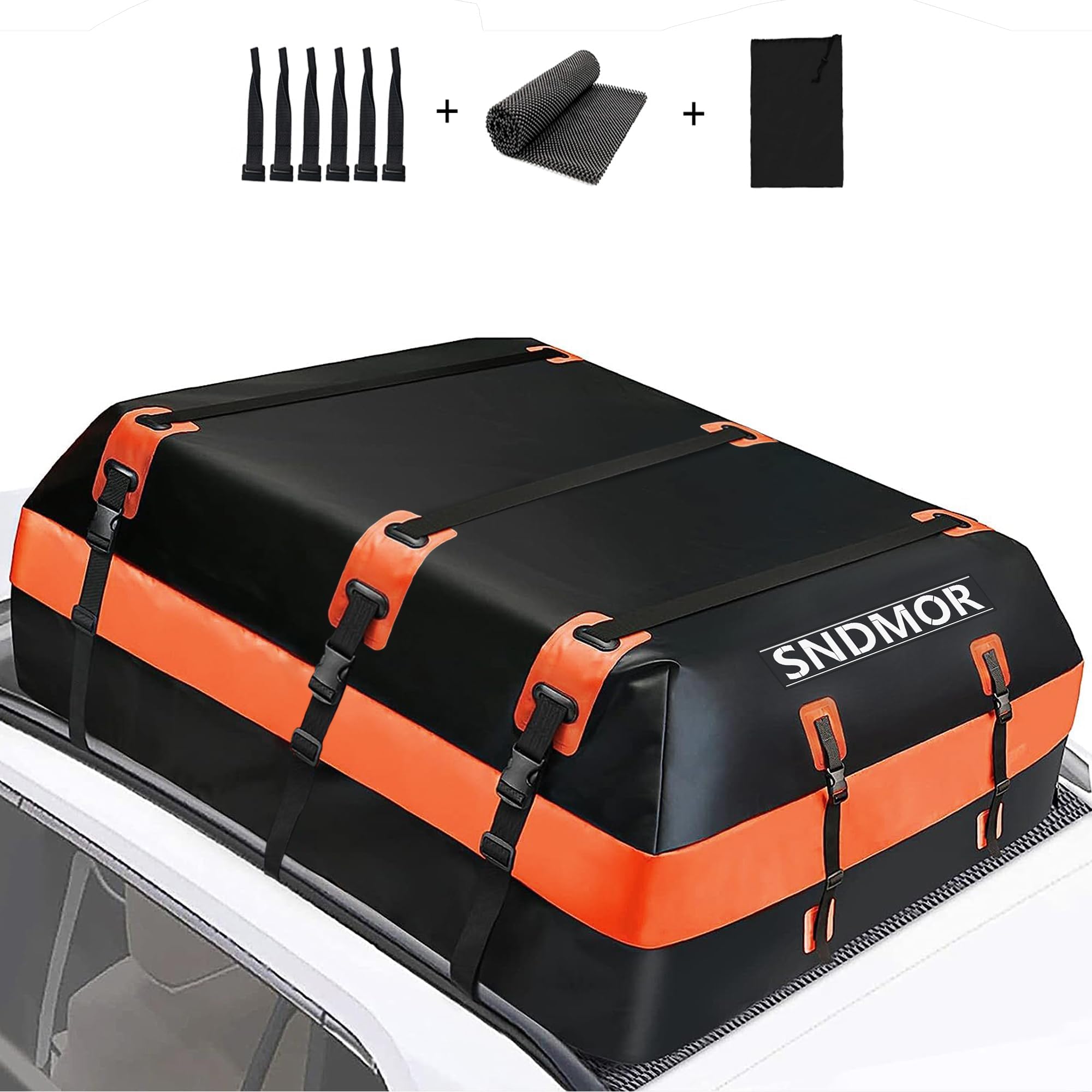 SNDMOR Car Roof Bag,21 Ft³ Waterproof Car Rooftop Cargo Carrier Bag, Roof Bag Cargo Carrier for All Vehicle with/Without Racks,Includes Anti-Slip Mat+6 Reinforced Straps+6 Door Hooks (Blood Orange)