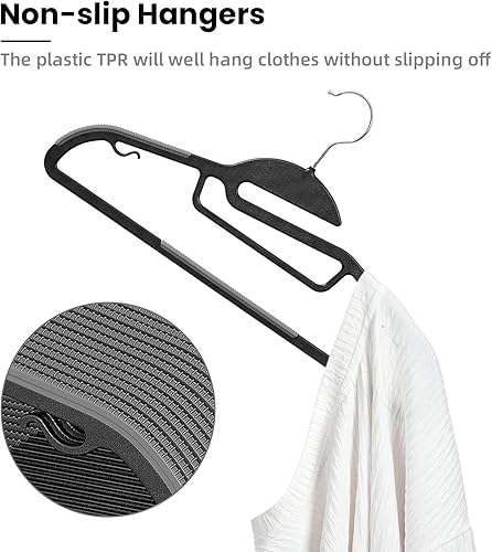 Vista 27 de BAGAIL Paquete de 50 perchas de plástico con diseño antideslizante, 0.2 pulgadas de grosor, gancho giratorio de 360°, organizador que ahorra espacio