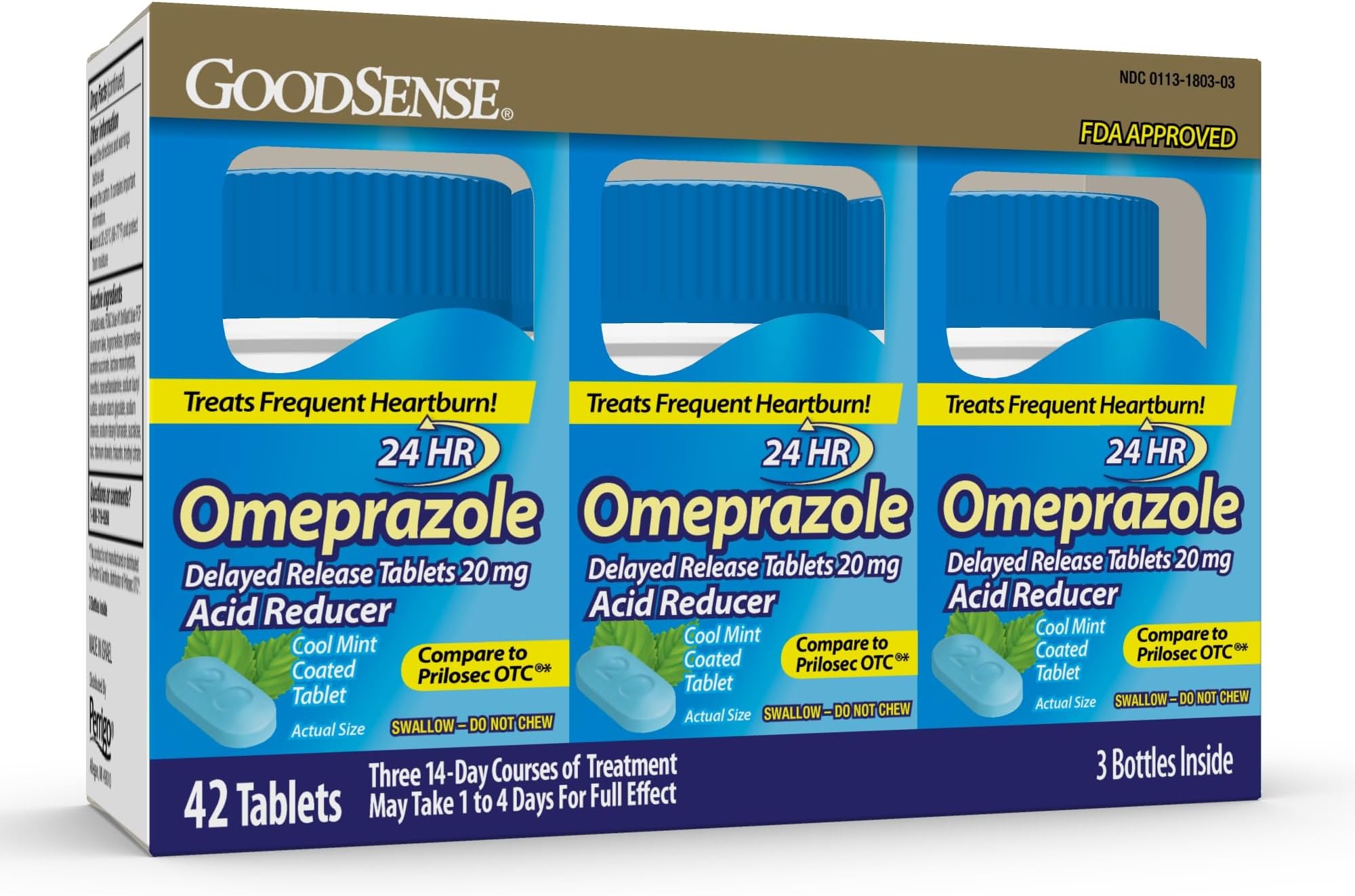 GoodSense Good Sense Omeprazole Delayed Release Coated Tablets 20 mg, Cool Mint, Treats Frequent Heartburn, Acid Reducer, Heartburn Medicine, 42 Count