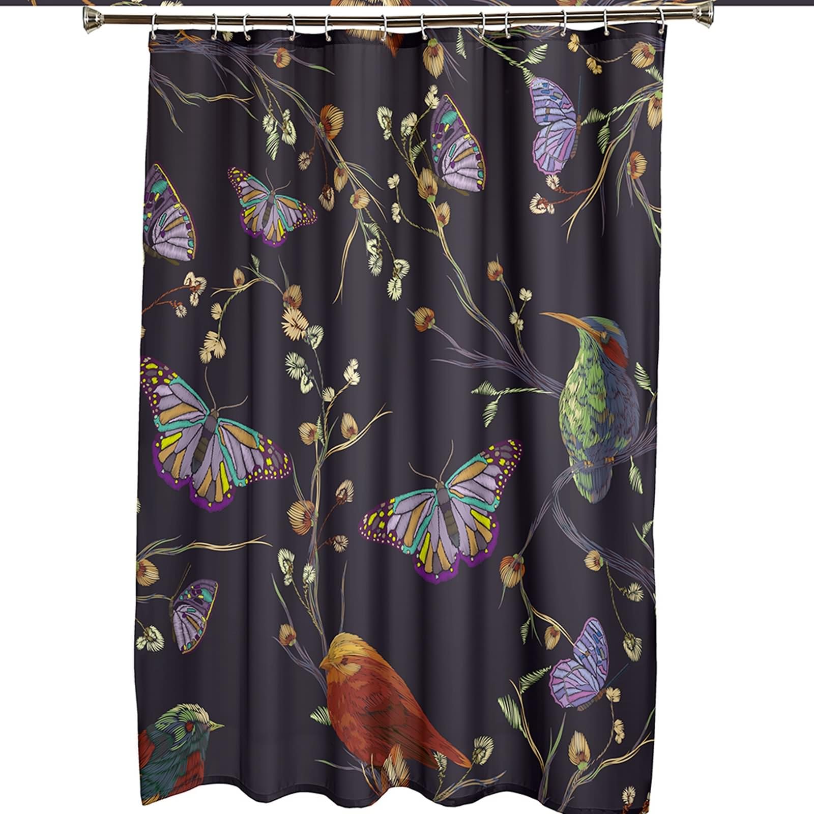 Zasłona prysznicowa, poliester fioletowy ciemnoszary gałąź motyl ptaki zasłony prysznicowe tkanina z haczykami, 300 x 200 cm