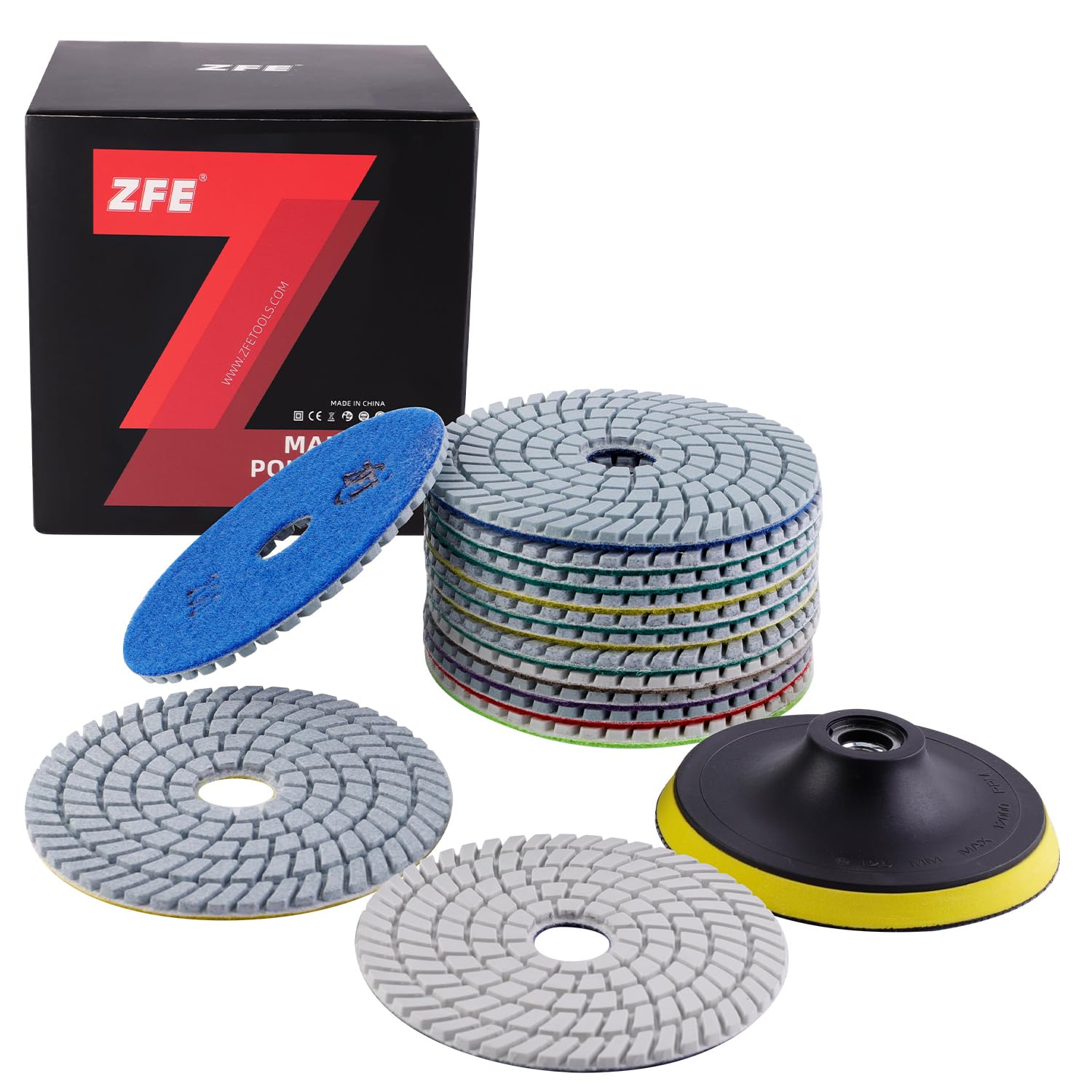 ZFE 14 Stück 125mm Nass Diamant Schleifscheibe Polierset für Granit Stein Beton Marmor, 125mm Diamant Schleifpads für Polierer & Winkelschleifer, Gemischt Körnung 50# - 6000#.mit 1tlg Trägerplatte