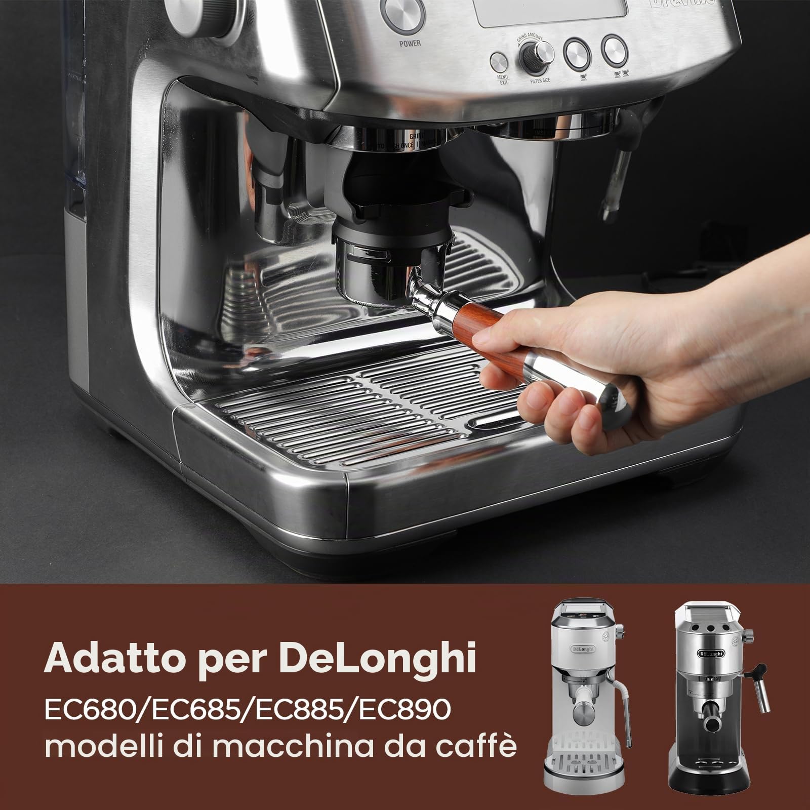 Romon Filtro Delonghi Macchina Caffè, Portafiltro 51mm con Manico in Noyer, Compatibile con Modelli Delonghi EC680/EC685/EC885/EC890, 3 Orecchie