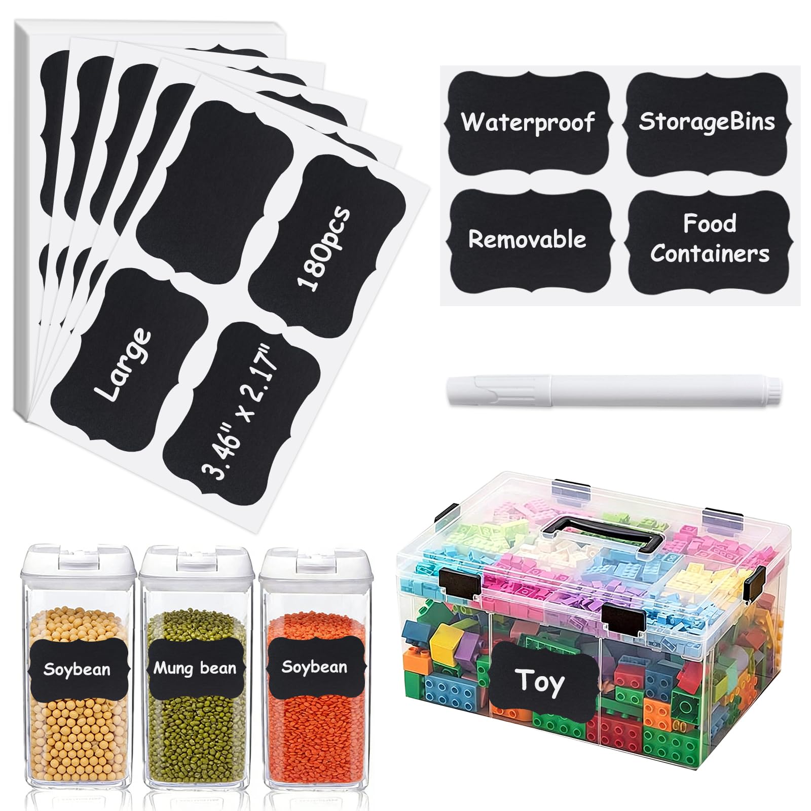 Chalkboard Labels-180PCS Large Size Waterproof Reusable Removable Chalk Labels with 1 Liquid Chalk Markers for Food Containers, Mason Jars, Storage