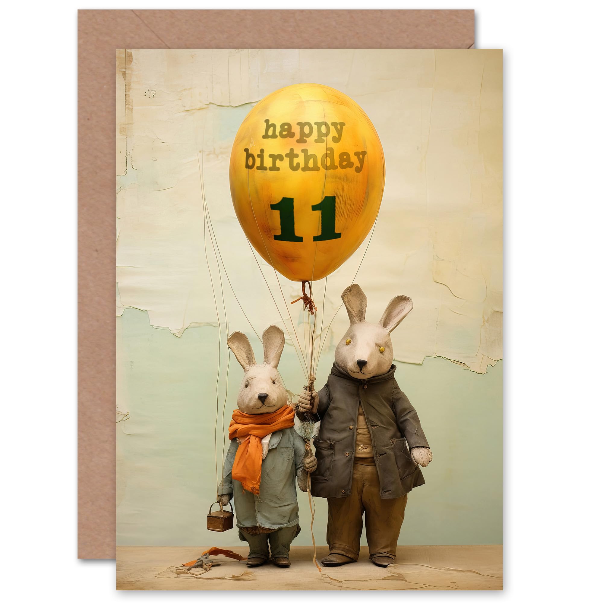Artery8 Kids Birthday Age 11 Cute Bunny Rabbits Balloon For Child Son Daughter Blank Inside Greeting Card