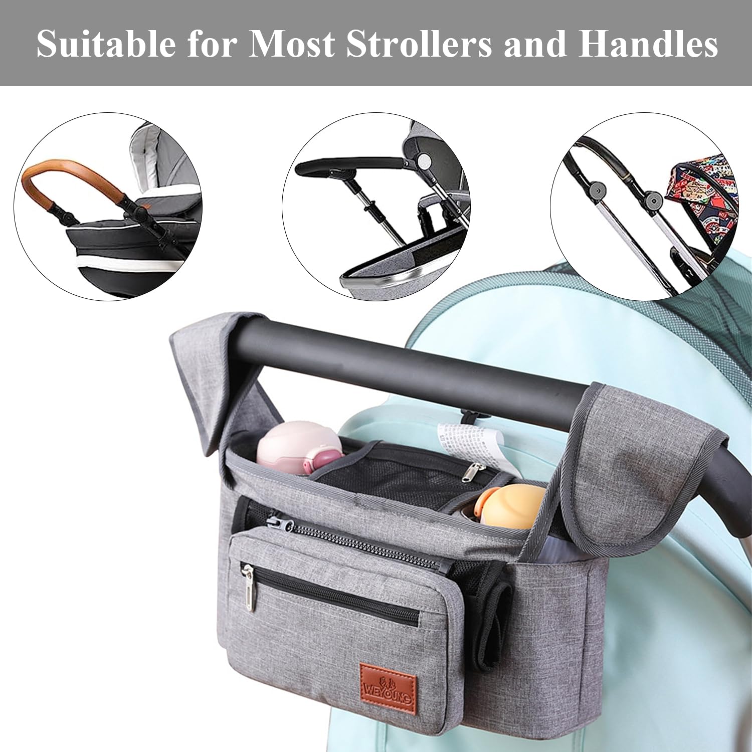Organizer per Passeggino, Borsa Per Passeggino, Pram Bag Organizer Multifunzione Carrozzina Buggy Storage Bag Con Borsetta Staccabile, 2 Portabicchieri e Tracolla Organizer per Passeggino, Grigio
