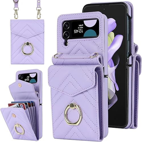 Asuwish Funda para teléfono Samsung Galaxy Z Flip 3 5G 2021 con anillo de bloqueo RFID, correa cruzada para muñeca, soporte para tarjeta de crédito,