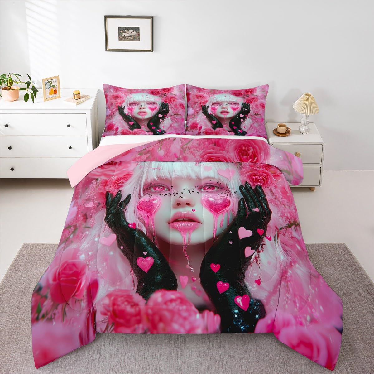 Erosebridal Japanese Girl Comforter Set Pink Rose Floral Flowers Bedding Queen Size Anime Decor Down Comforter, 3D Anime Gifts for Girls Duvet Set with 2 Pillowcases - 3 Pieces