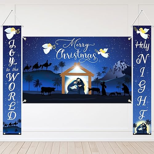 Avezano Decoraciones de Navidad azules para colgar pancartas religiosas de Feliz Navidad y letreros de porche para Navidad, para interiores y