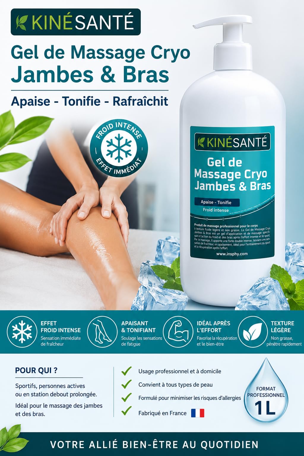 Gel de massage Cryo Jambes & Bras 1000 ml - Effet Froid Intense - Gel Rafraîchissant et Tonifiant pour Massage Corporel