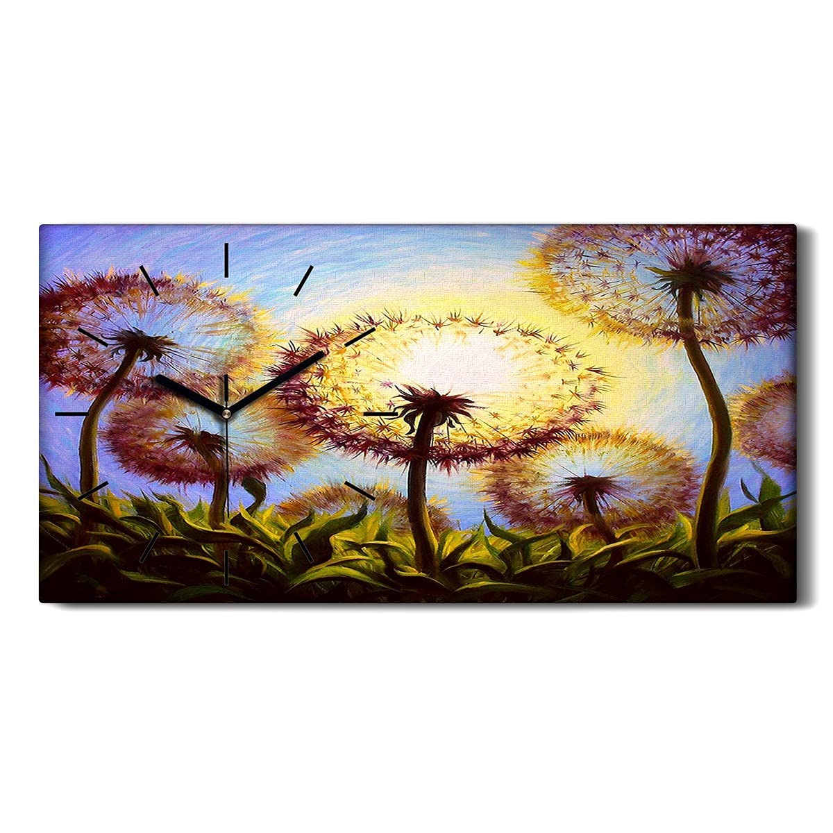 Horloge sur toile silencieuse pissenlit 60x30cm pour chambre sans tic-tac