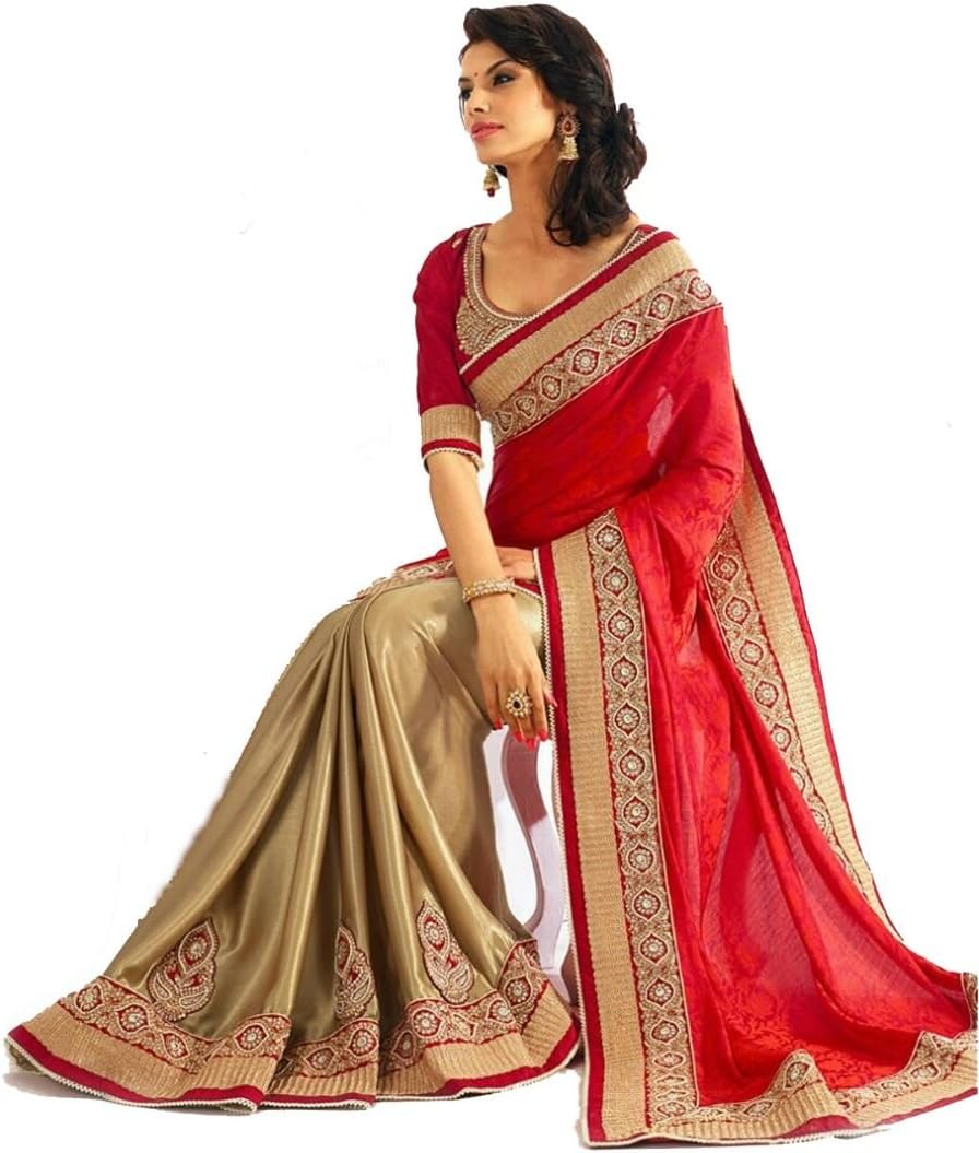 Rewa Enterprises Women's Georgette Fancy Saree Free Size Red