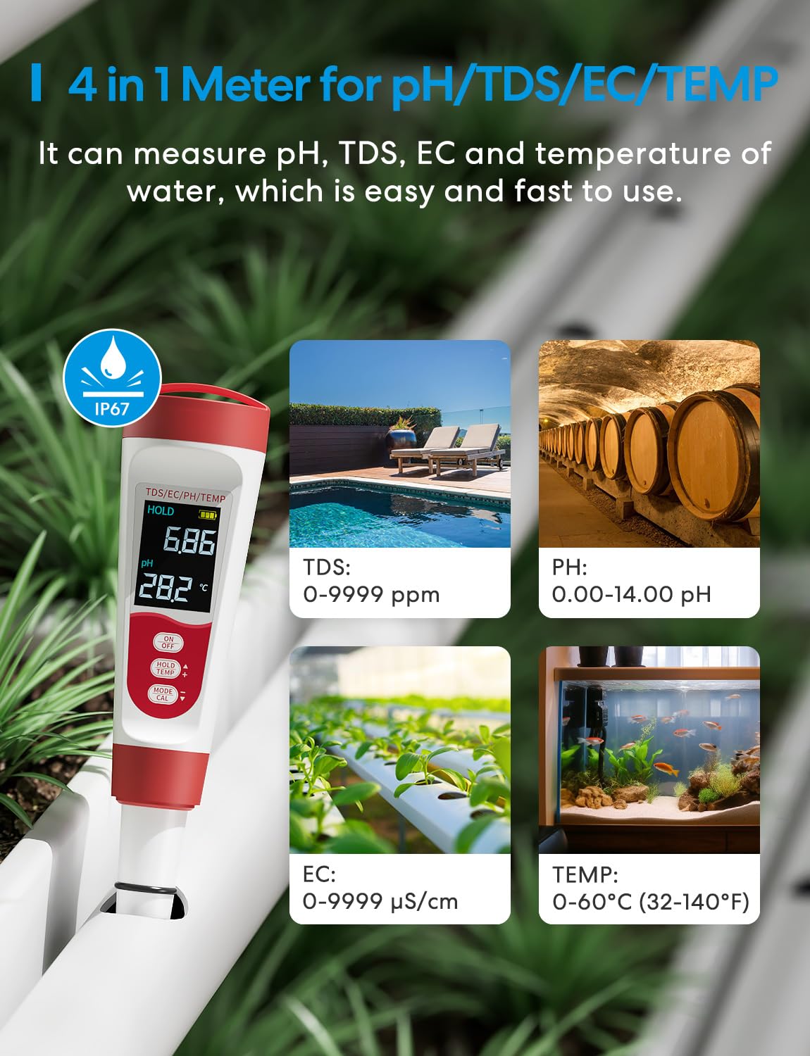 Flysocks pH Messgerät 4 in 1, Digital Wasserqualität Tester, IP67 Trinkwassertest für pH/TDS/EC/Temperatur mit LCD Hintergrundbeleuchtung Wasserqualitätsprüfgerät Leitfähigkeitsmessgerät Wasser Tester