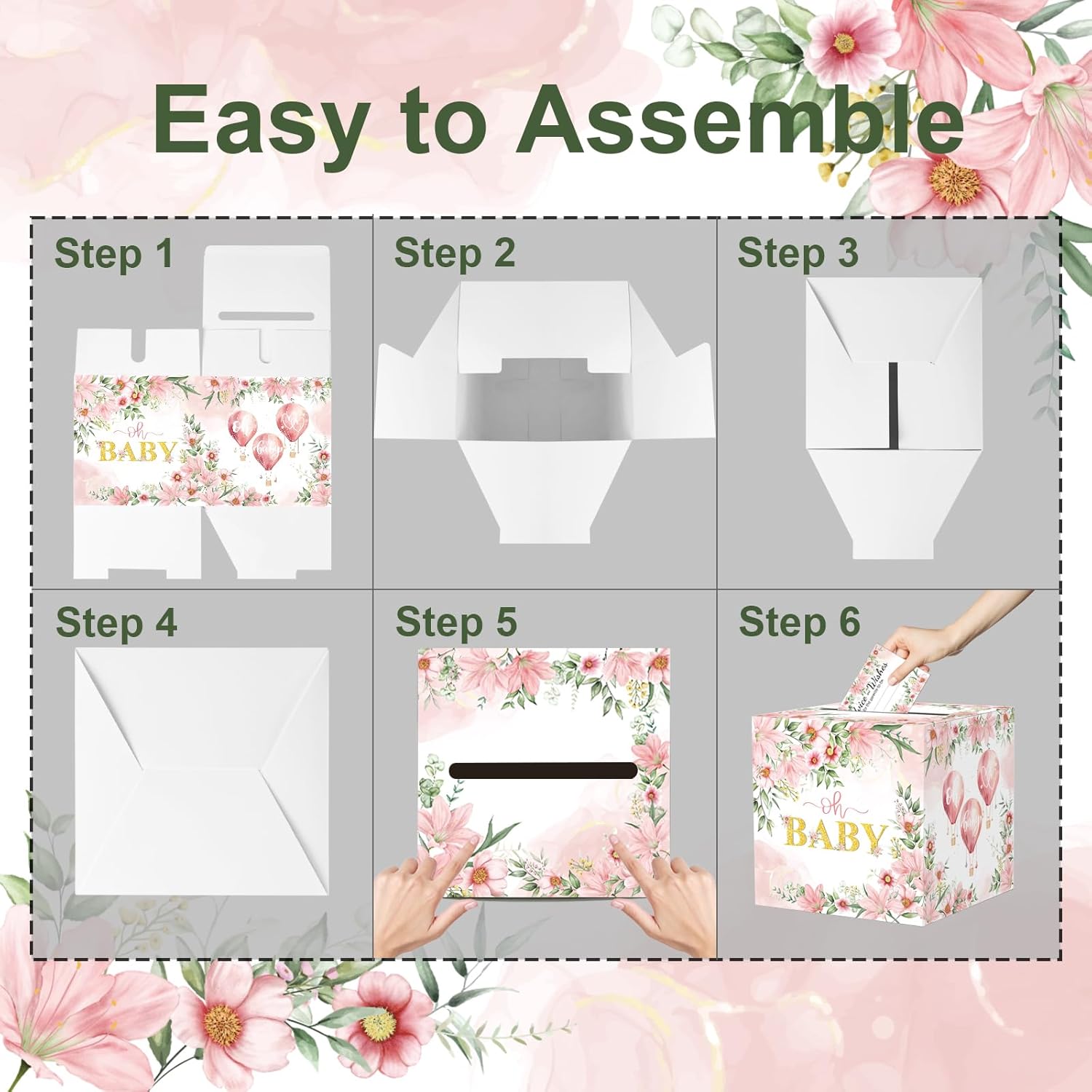 Baby Shower Games, Floral Diaper Raffle Box, 50 PCS Diaper Raffle Tickets Card Box with Advice and Wishes for the Parents-to-be, Baby Shower Decorations, Diaper Raffle Sign