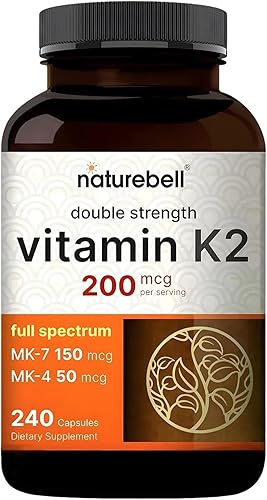 NatureBell Suplemento de Vitamina K2 de Espectro Completo con MK-7 y MK-4, 200 mcg, 240 cápsulas | Fórmula 2 en 1, complejo de vitaminas K – Apoya