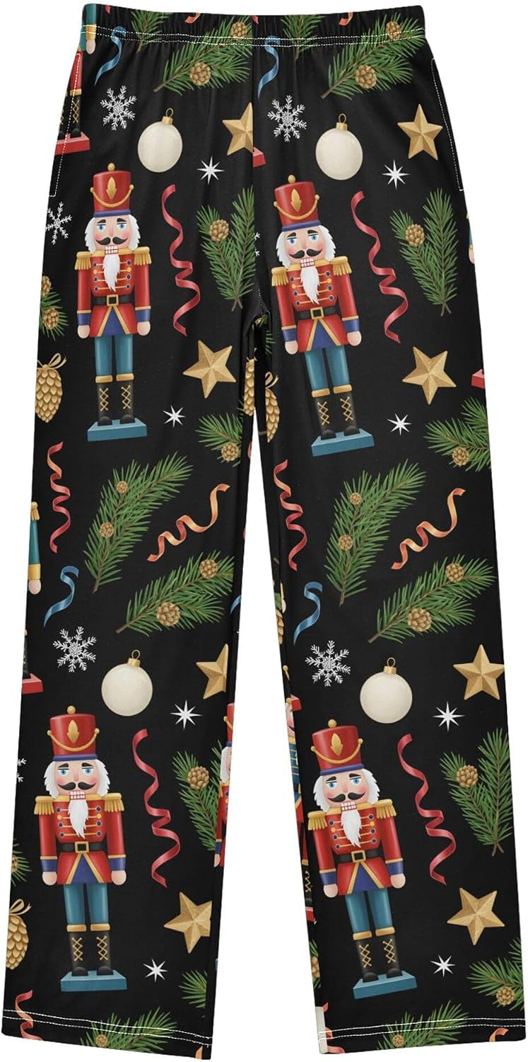 Pajama Pants Christmas Nutcracker Pattern for 6-14 Years | Casual Loungewear Bottom, Elastic Waist and Side Pockets Comfortable Breathable Pants for All Season